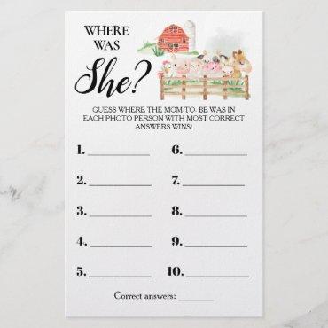 Farm Animals Where was Mom Baby Shower Game Card Flyer