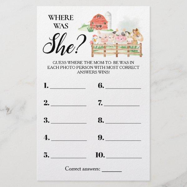 Farm Animals Where was Mom Baby Shower Game Card Flyer