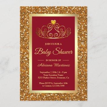 Faux Gold Glitter Tiara Princess Red Baby Shower Invitation