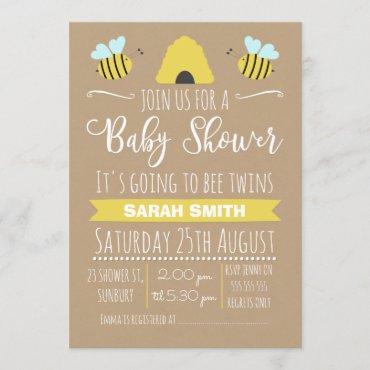 Faux Kraft Twins Busy Bee baby Shower Invitation