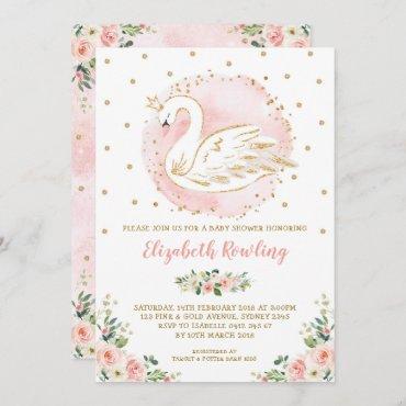 Feminine Swan Princess Pink Gold Baby Shower Invitation