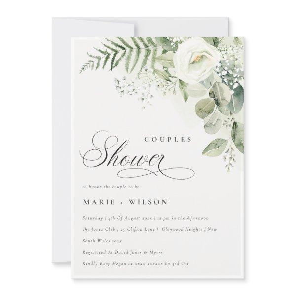 Fern Greenery White Floral Couples Shower Invite