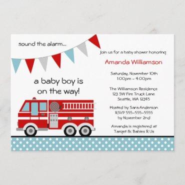 Fire Truck Polka Dot Banner Boy Baby Shower Invitation