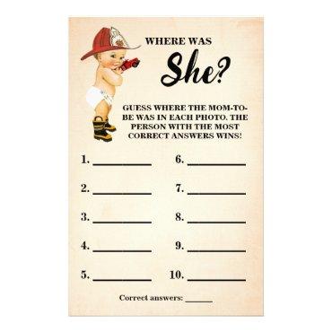 Firefighter Where was Mom to be Shower Game Card Flyer