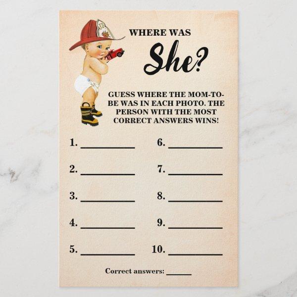 Firefighter Where was Mom to be Shower Game Card Flyer