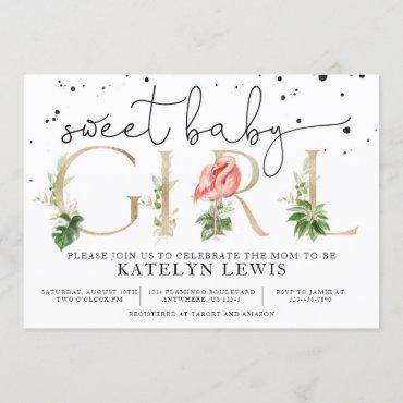 Flamingo Baby Shower Invitation with Palm Leaves