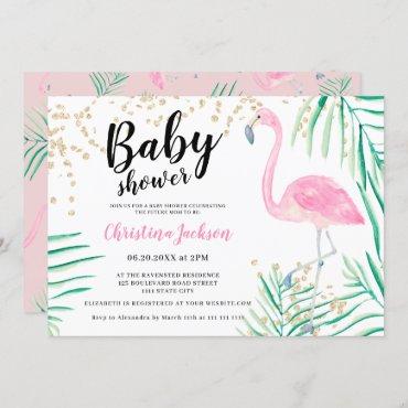 Flamingo gold glitter watercolor baby shower invitation