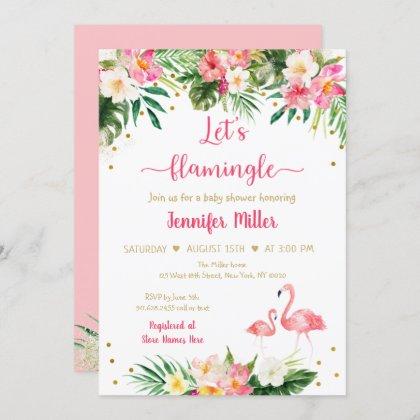Flamingo Pink Gold Tropical Floral Baby Shower Invitation