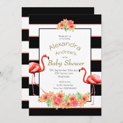 Flamingo Tropical Flowers Black Stripe Baby Shower Invitation