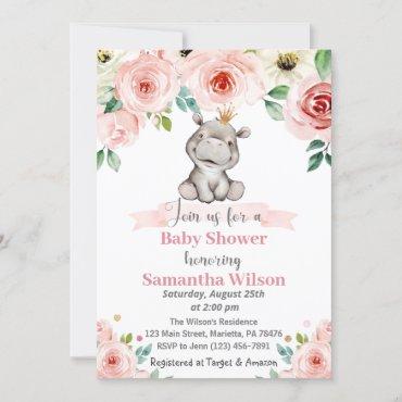 Floral Baby Hippo Princess Baby Shower Invitation
