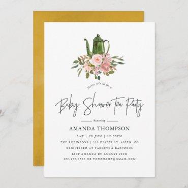 Floral Blush and Gold Baby Shower Tea Party Invitation