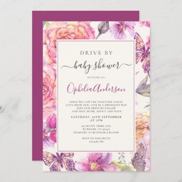 Floral Butterfly Drive By Baby Shower Invitation