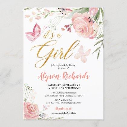Floral butterfly girl baby shower invitation