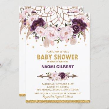 Floral Dream Catcher Baby Shower Girl Purple Blush Invitation
