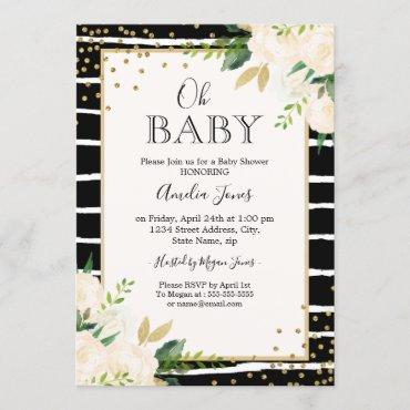 Floral Gold Black White Oh Baby Shower Invitation