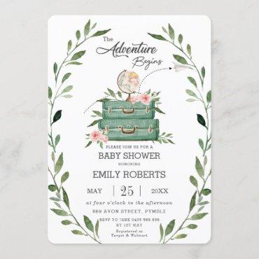 Floral Greenery Adventure Baby Shower Travel Invitation