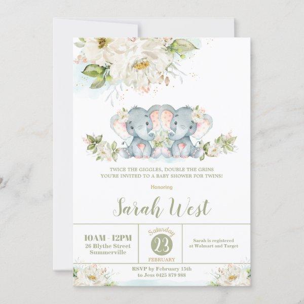 Floral Greenery Elephant Twin Girls Baby Shower
