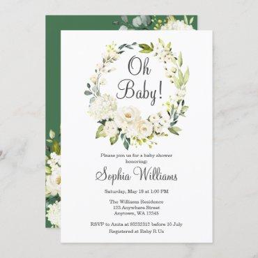Floral Greenery Green White Oh Baby Shower Brunch Invitation