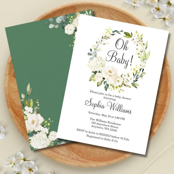 Floral Greenery Green White Oh Baby Shower Brunch