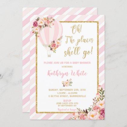Floral Hot Air Balloon Baby Shower Invitation Girl