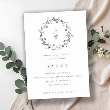 Floral Laurel Wreath Monogram Baby Shower Invite