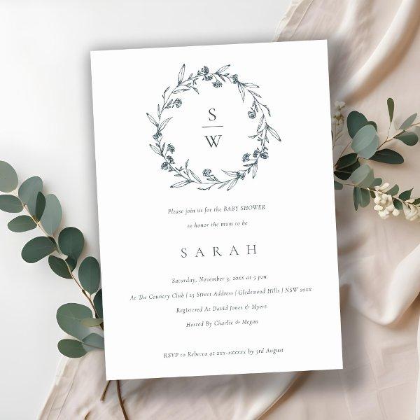Floral Laurel Wreath Monogram Baby Shower Invite