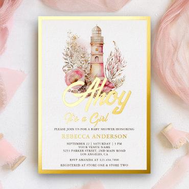 Floral Lighthouse Nautical Girl Baby Shower Gold Foil