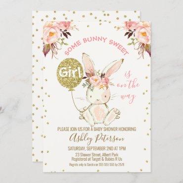 Floral Pink Gold Bunny Baby Shower invitation