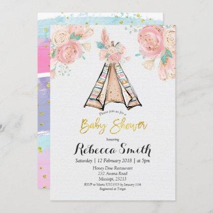 Floral Teepee Watercolor Baby Shower Invitation
