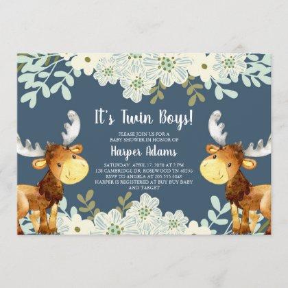 Floral Woodland Moose Twin Boys Baby Shower Invitation