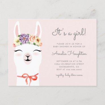 Flower Crown & Llama Girl Baby Shower Invitation Postcard