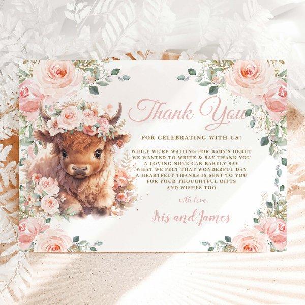 Fluffy Highland Cow Pink Blush Floral Baby Shower Thank You Card