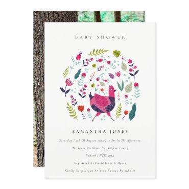 Folk Farm Floral Birdie Photo Baby Shower Invite