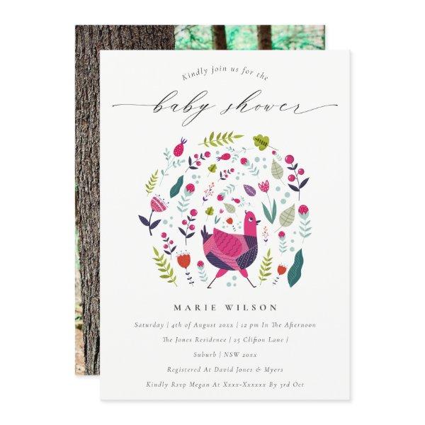 Folk Farm Floral Birdie Photo Baby Shower Invite
