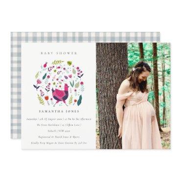 Folk Farm Floral Birdie Photo Baby Shower Invite