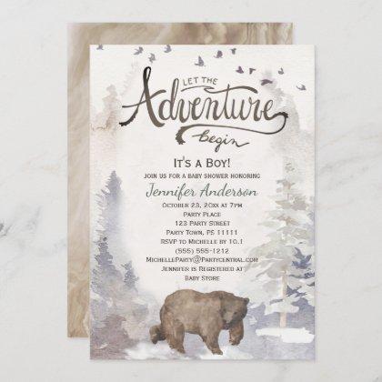 Forest Adventure Boy Watercolor Bear Baby Shower Invitation