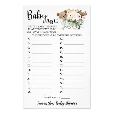 Forest Animals Baby ABC Baby Shower Game Card Flyer