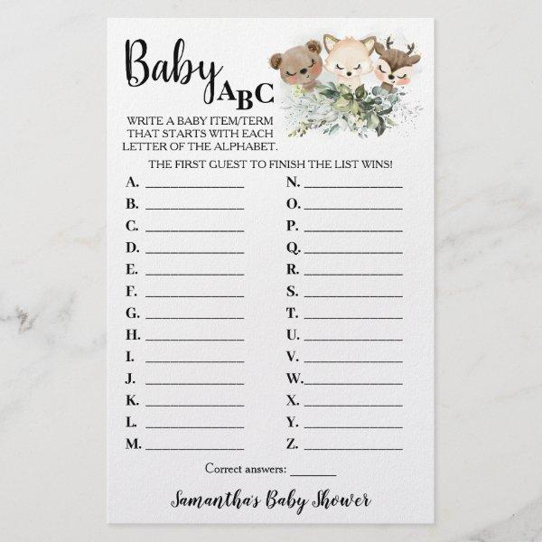 Forest Animals Baby ABC Baby Shower Game Card Flyer