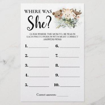Forest Animals Where was Mom Baby Shower Game Card Flyer