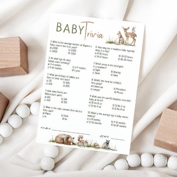 Forest Woodland Animals Baby Shower Trivia Card
