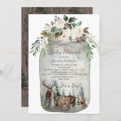 Forest Woodland Animals Mason Jar Baby Shower Invitation