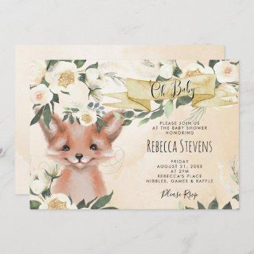 Fox cub floral neutral baby shower invitation
