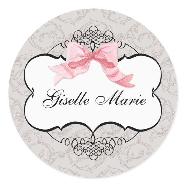 French Bow Damask Swirl, Girl Baby Shower Seal