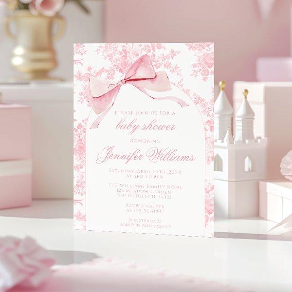 French Pink Toile Floral Bow Boho Baby Girl Shower