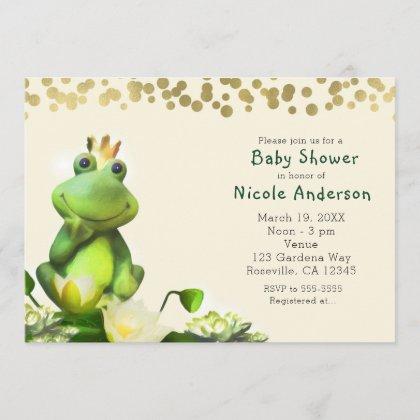 Frog Prince Green & Gold Baby Shower Invitations