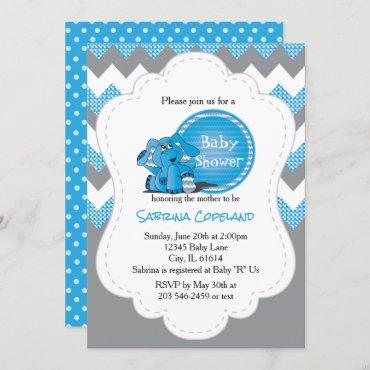 Funny Blue Chevron Silly Elephant | Baby Shower Invitation