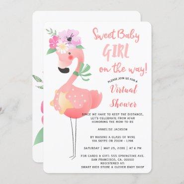 Funny cute pink flamingo baby shower virtual party invitation