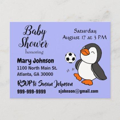 Funny Penguin Playing Soccer Baby Shower Invitation Postcard