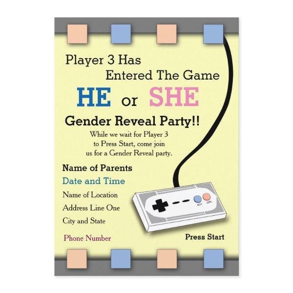 Gamer Player 3 Baby Shower Gender Reveal Invite