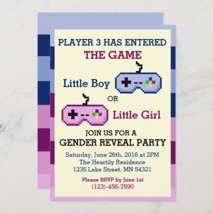 Gamer Player 3 Gender Reveal Baby Shower Invite